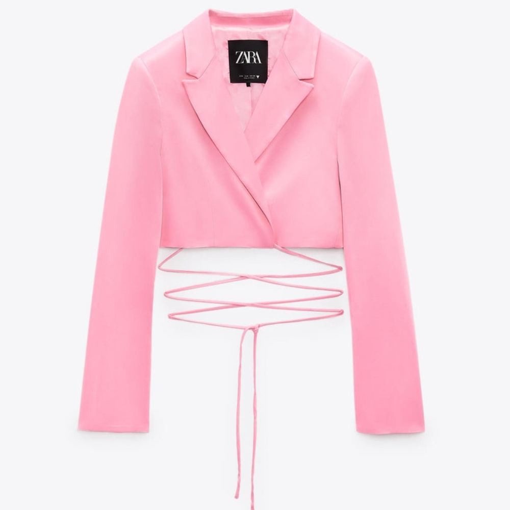NWT Zara Paris Hilton Barbie  Pink Cropped Satin Wrap Blazer Bell Sleeve XS